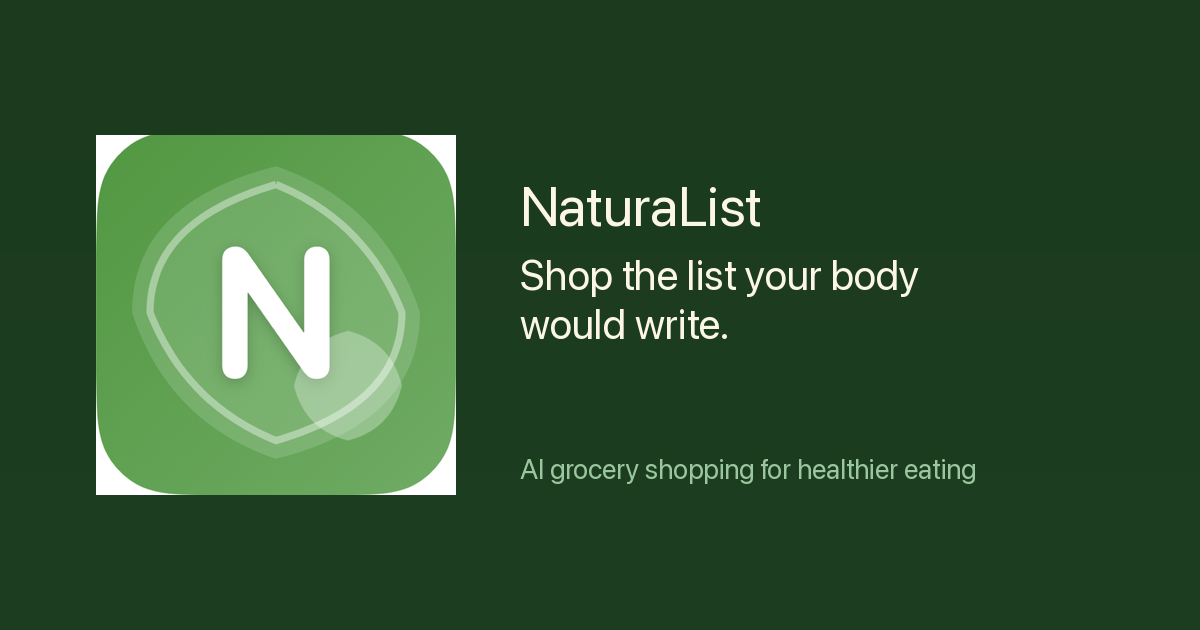 NaturaList app artwork with its green N icon and grocery shopping message